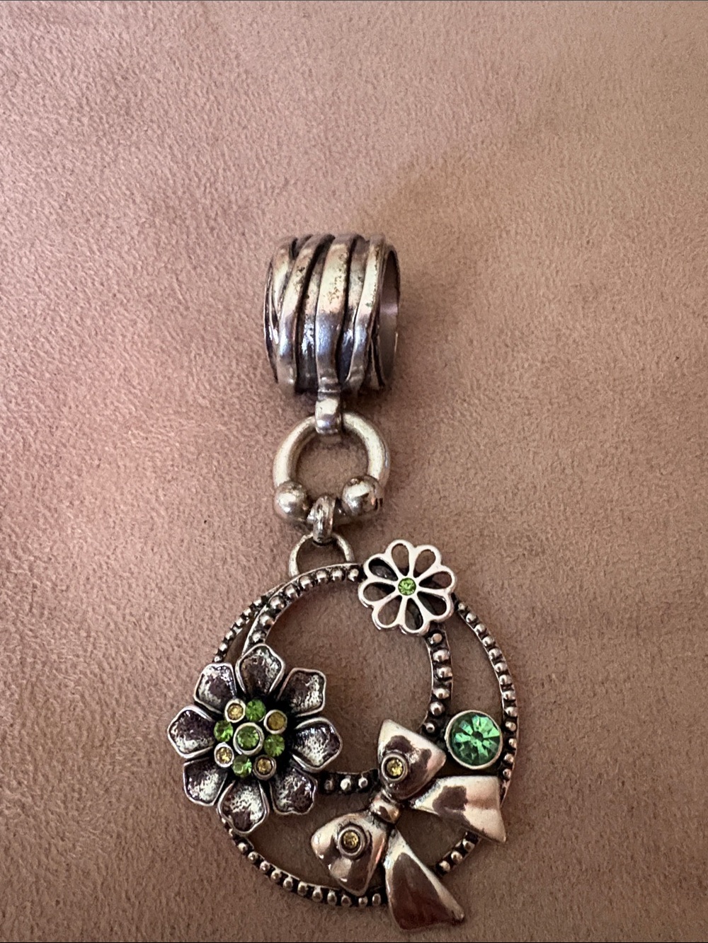 Silver-Tone Floral Charm Pendant with Green Crystals/Pandora